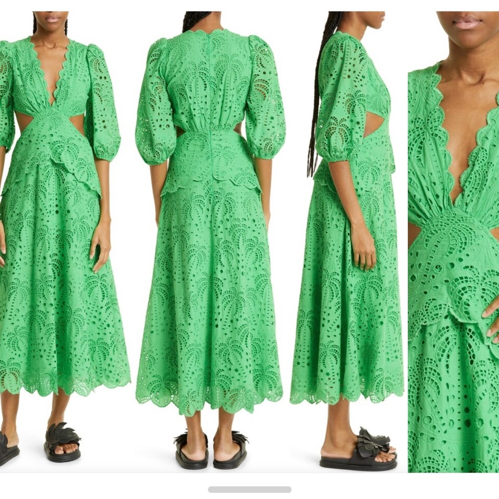 Farm Rio NWT Green Midi Sundress with Plunge Neckline and Puff Sleeves